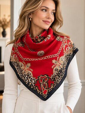 Red Baroque Chain Print Square Scarf Leopard Animal Print Luxury Style